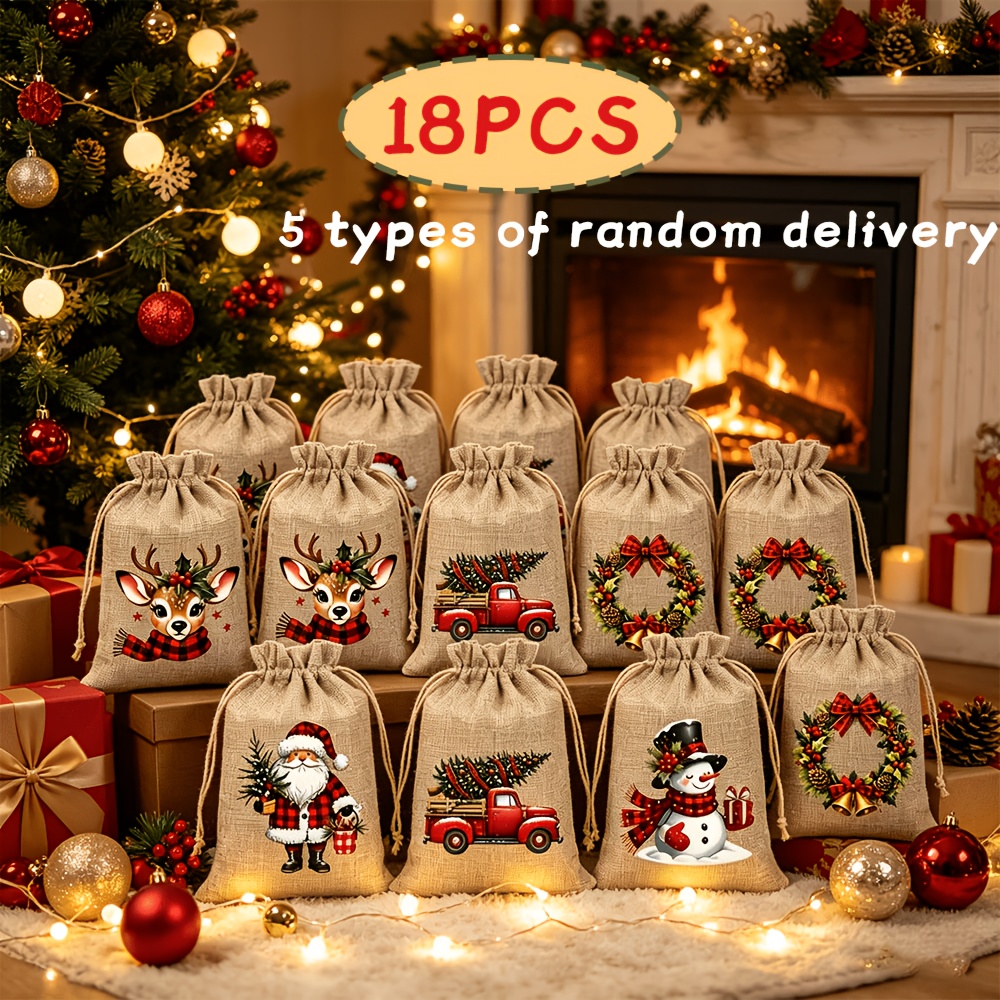 TEMU Christmas Linen Gift Bags For Her/him, Pack Of 6 Or 18, Random Shipping Of 5 Christmas-themed Designs, 5.9 X 3.9 Inch Christmas Gift Bags,