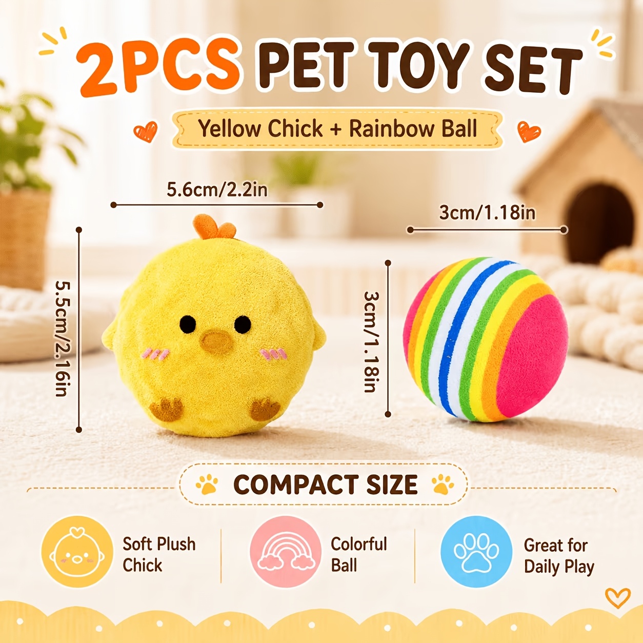 2pcs Yellow Chick Interactive Bouncing Squeaky Toy Ball Set