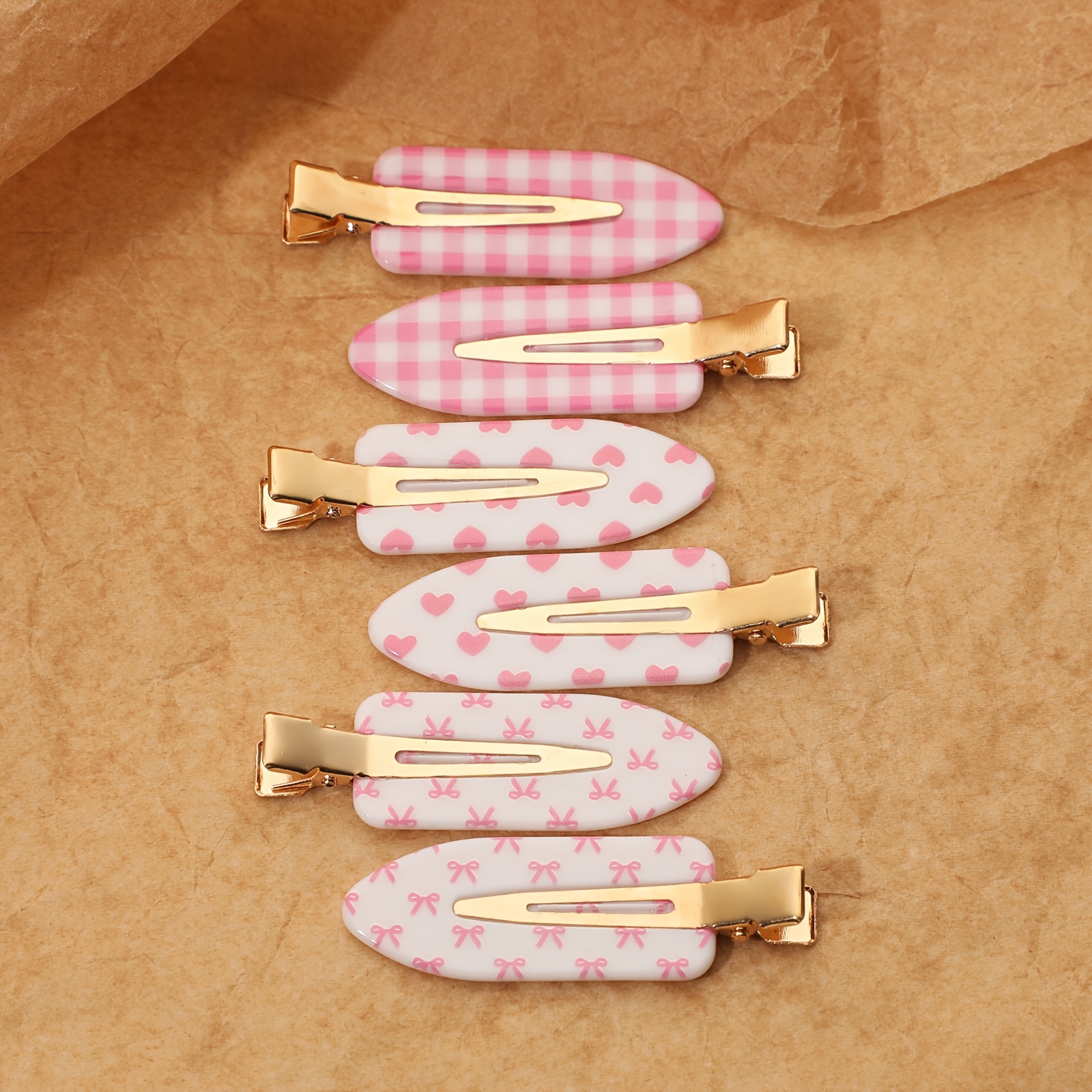 TEMU 6pcs Pink Series Sweet And Striped Heart Bow Print Hair Clips For Women, Versatile Hair Accessories For Bangs And Flyaways