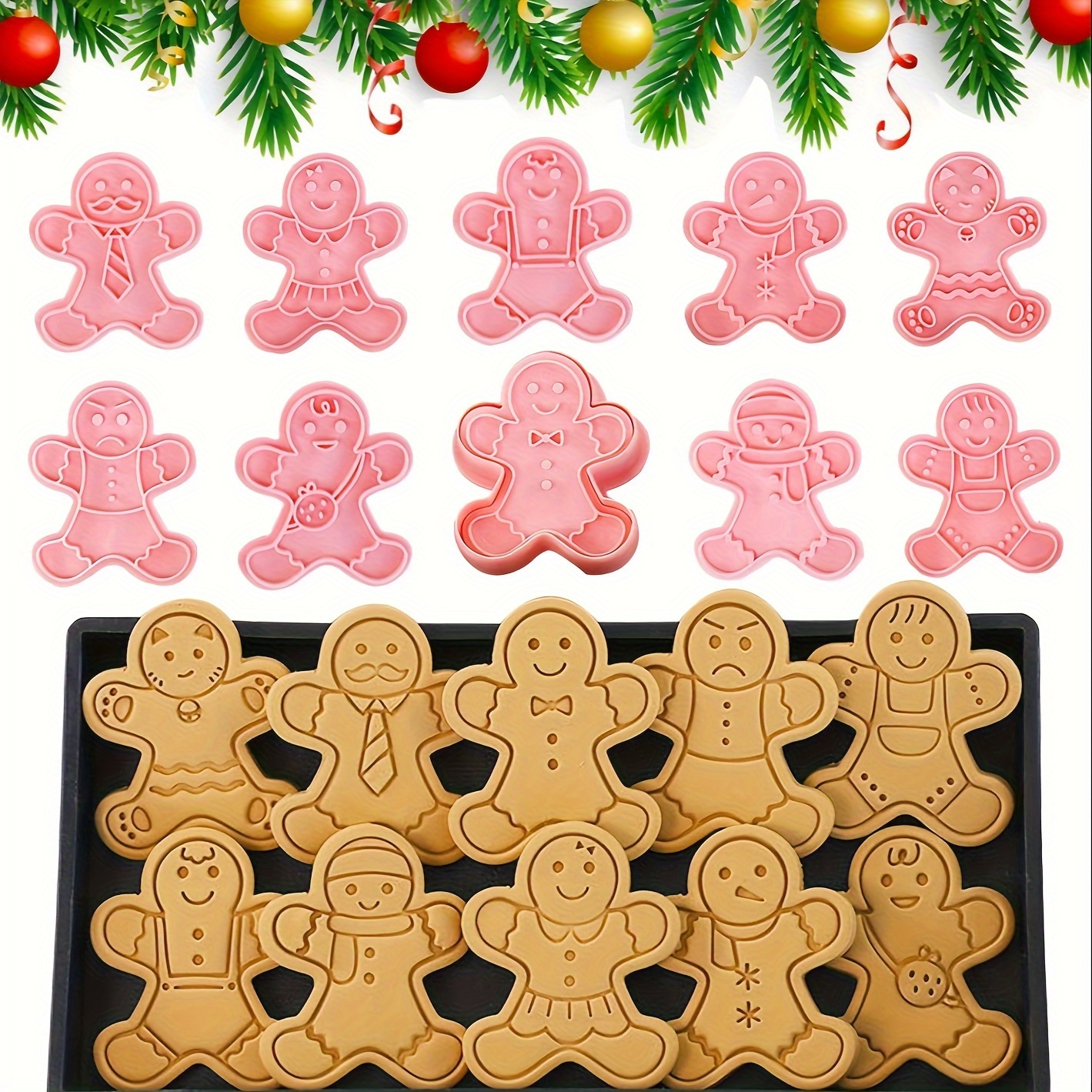 

10-piece 3d Christmas Gingerbread Cookie Cutter Set - Plastic Stamp Molds For Festive Biscuit Baking & Cake Decorating