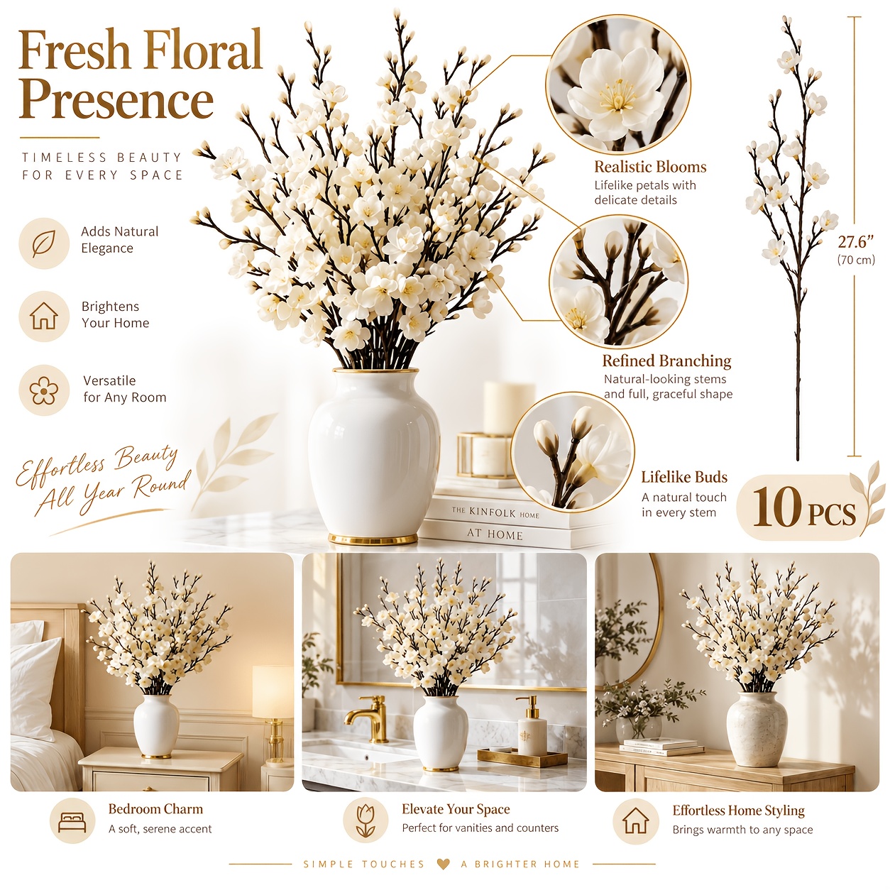 TEMU 10pcs Elegant White Artificial Plum Branches, Festive Floral Decorations, Realistic Long Stem Fake Flowers, Suitable For Home, Office, Wedding,