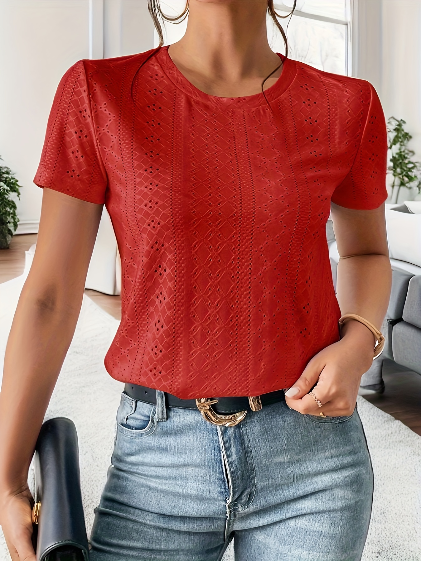 Eyelet Crew Neck T-Shirt, Casual Short Sleeve Top For Spring & Summer, Women's Clothing