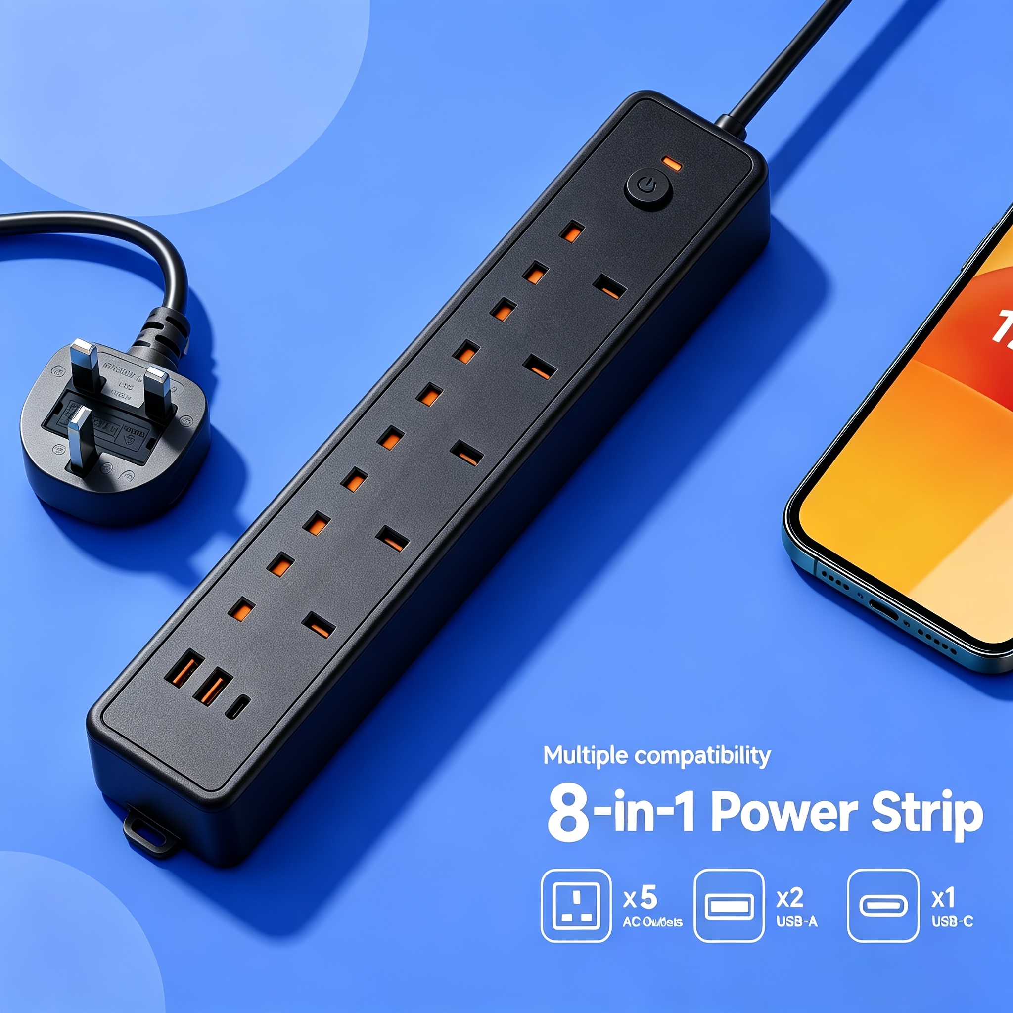 TEMU Uk Extension Lead /9.84ft, Outlets Power Strip With 2 Usb-a And 1 Type-c Ports, 3250w Protected Wall Mountable Power Strip With Switch For Home