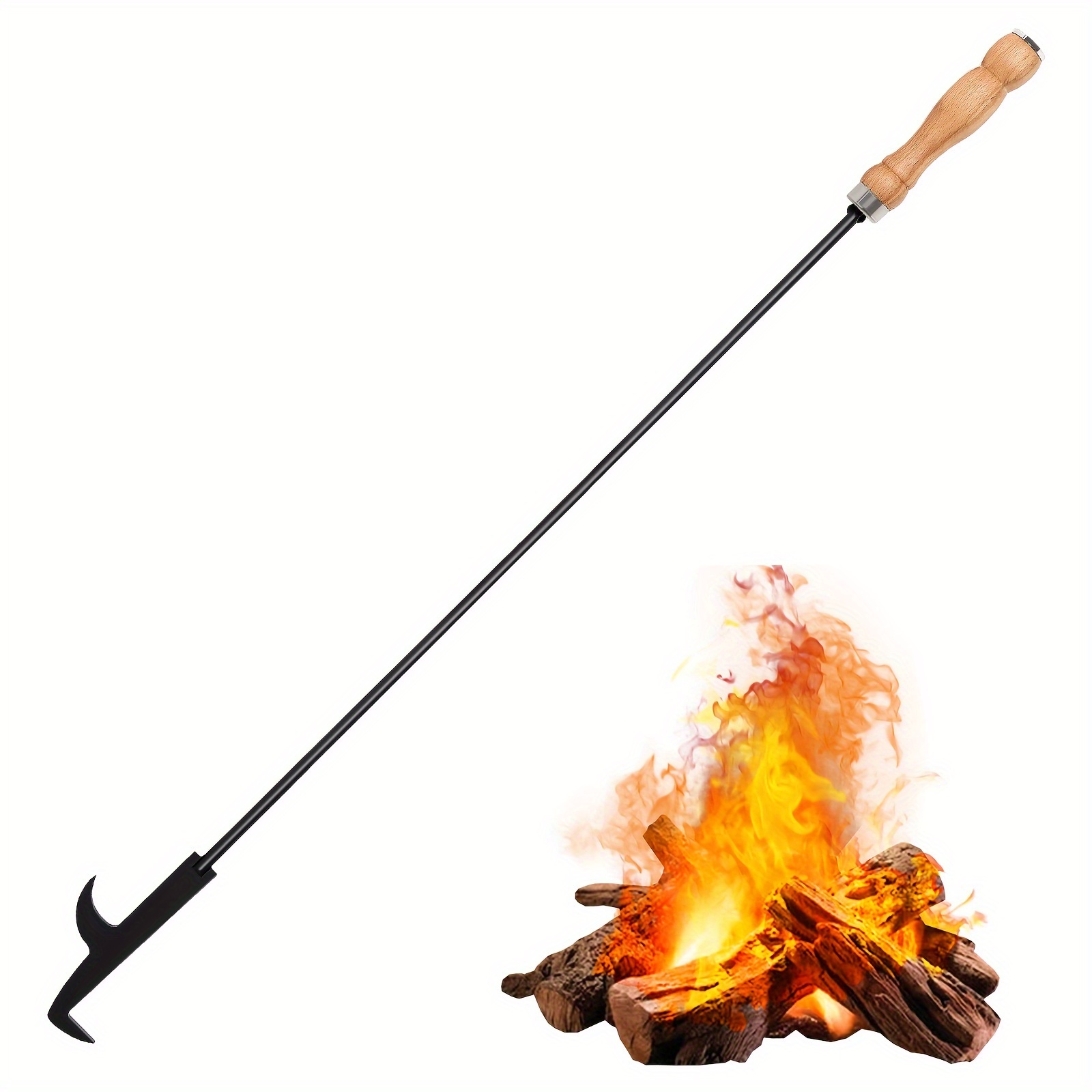 TEMU Fire Pit Poker, 32" Fire Poker Stick With Wooden Handle& For Campfire, Fireplace, Bonfires, Heavy Duty Wrought Iron Fire Pit Tools Additions For