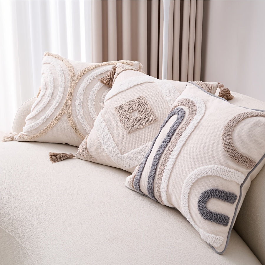 1pc Bohemian Moroccan Geometric Embroidered Decorative Pillow Cover, 45.72x45.72 cm, Zippered Farmhouse Cushion Case, Machine Washable, White with Beige & Gray Patterns for Sofa and Bedroom Decor - No Insert Included, Pillows for Couch