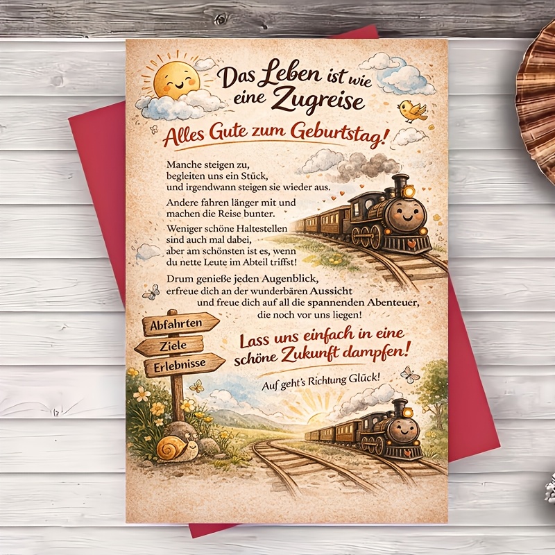 TEMU 1 Envelope And 1 Greeting Card Vintage Train Journey Birthday Greeting Card For Coworkers Cute Railroad Theme Inspirational Message Gift Card 2d