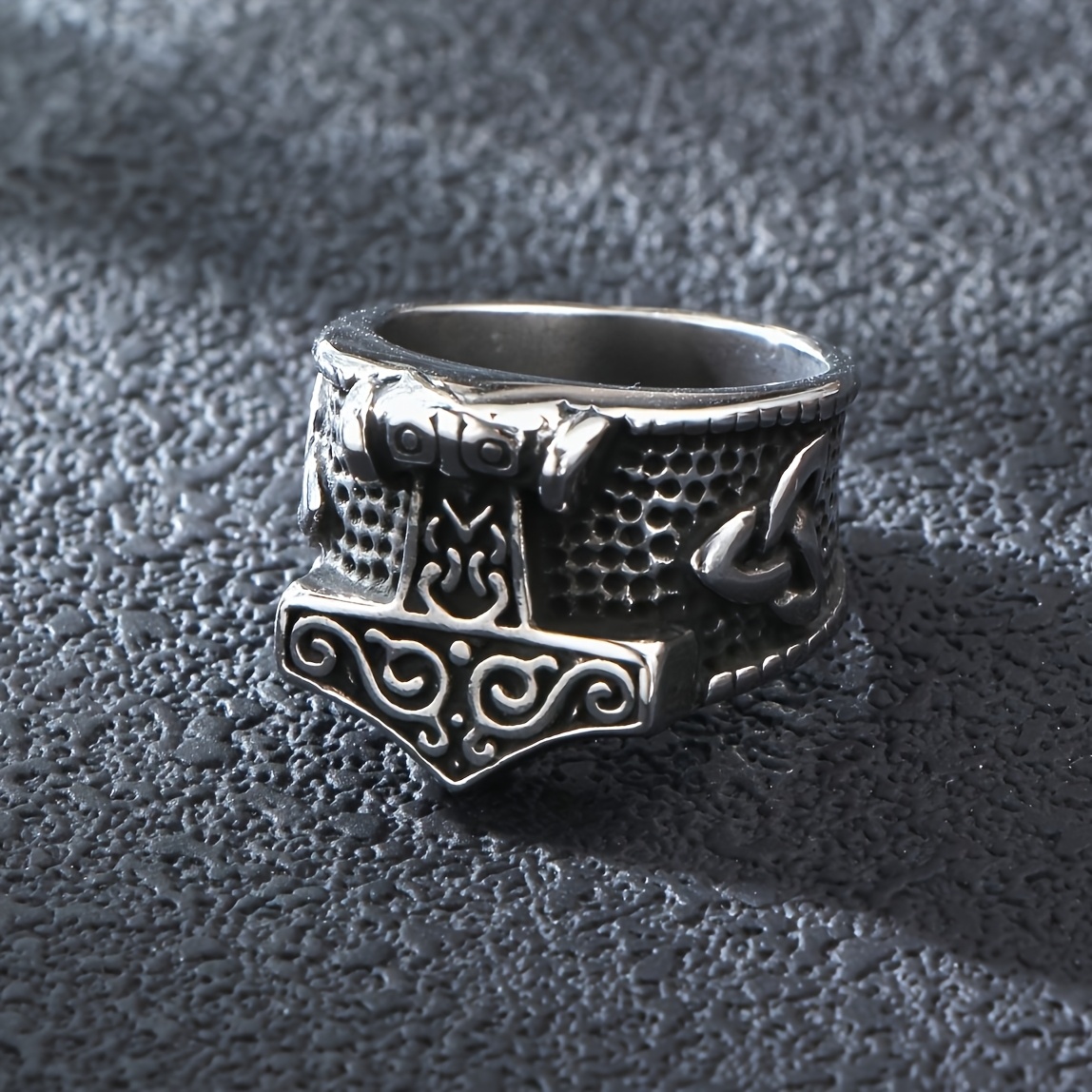 Image of 1pc 304l Stainless Steel Vintage Silvery Mjolnir Celtic Knot Ring Retro Viking Men' Ring Gift 304l Stainless Steel Jewelry Mensring