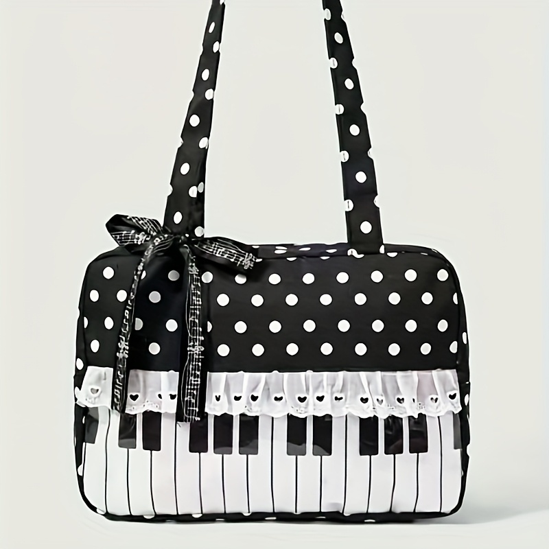 TEMU 1pc Black And White Y2k Hot Cute Sweet Lovely Classic Vintage Polka Dot Piano Lace Trimmed Music Notes Bowknot Pop Bag For Women, Suitable For