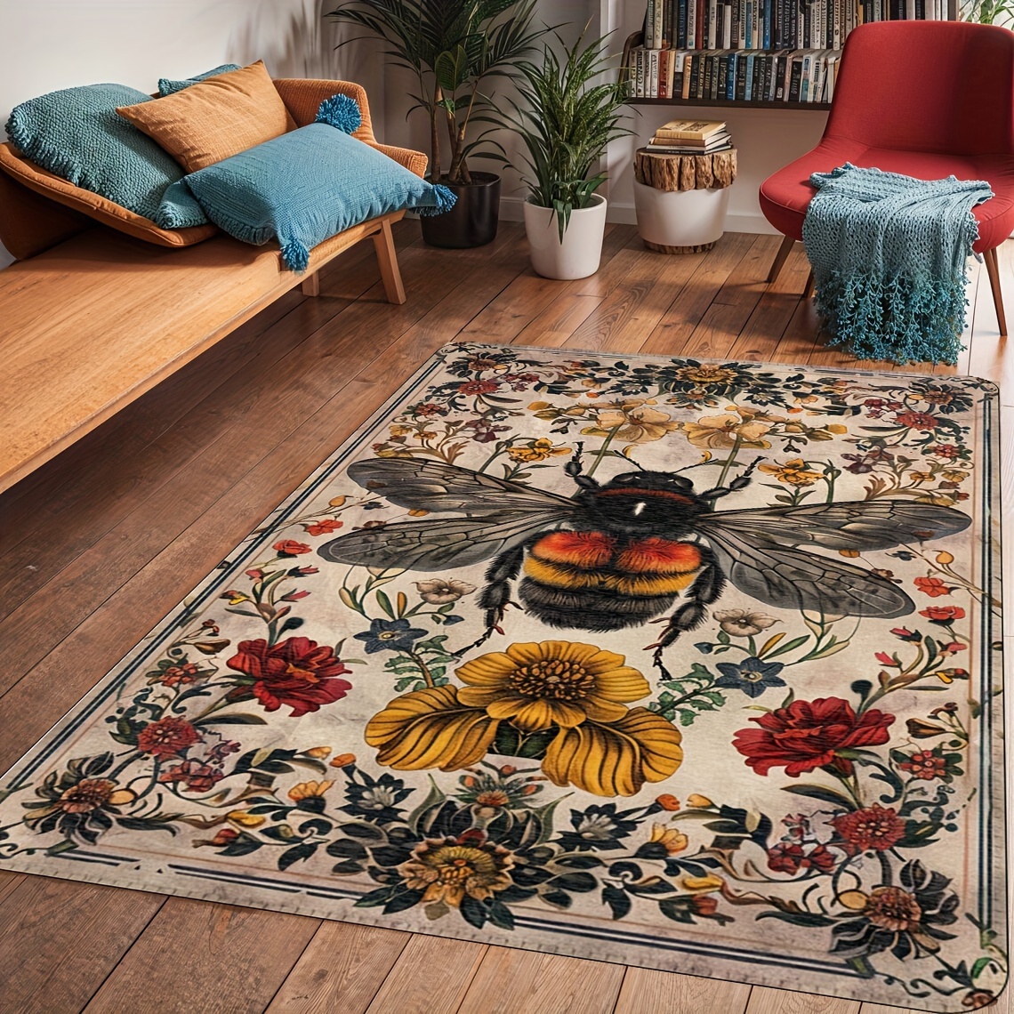 

Vintage Bee Non-slip Area Rug - Stain Resistant, Machine Washable For Living Room & Kitchen Decor, 1pc