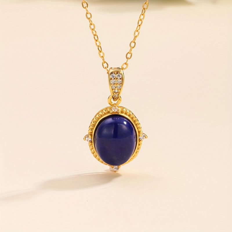 Vintage Oval Lapis Lazuli Pendant Necklace with 14K Golden Plated Chain