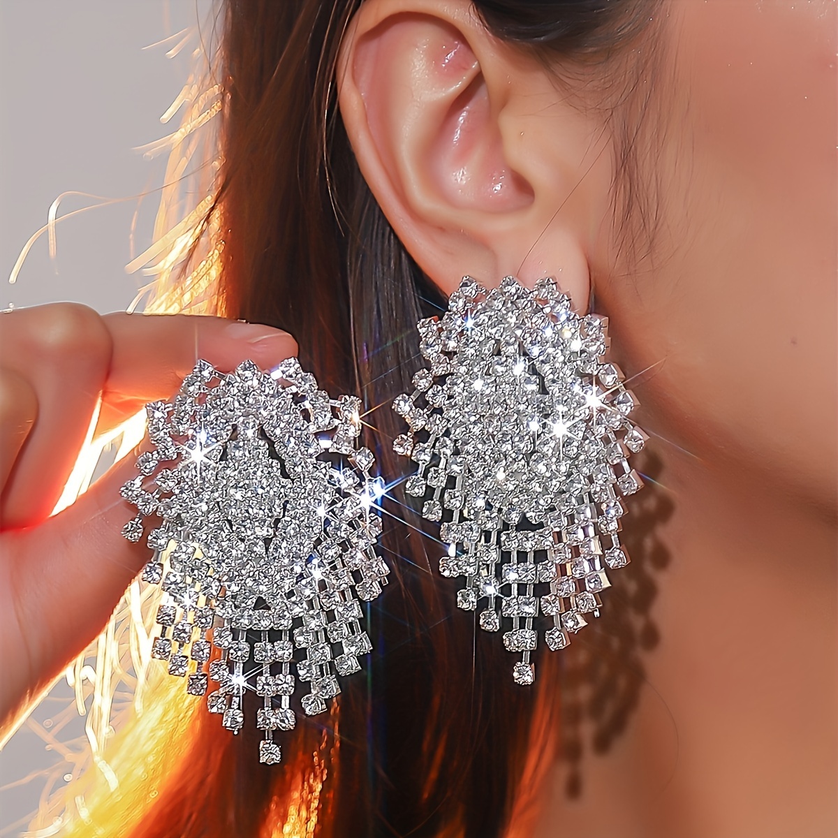 

Elegant Full Sparkling Rhinestone Rhombus Tassel Dangle Earrings, Silver Plated, Fashion Jewelry For Banquet Party Wedding Accessories