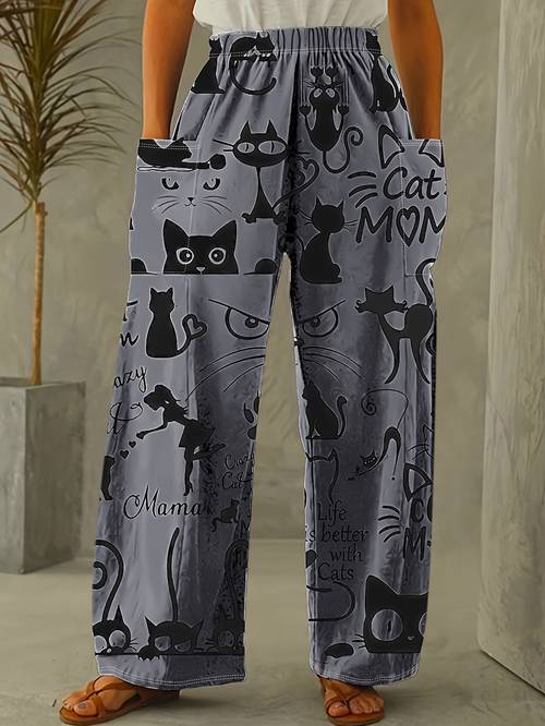 cute black cat print straight leg pants for women loose fit casual trousers with illustrations machine washable spring autumn casual wear pants elastic waistband