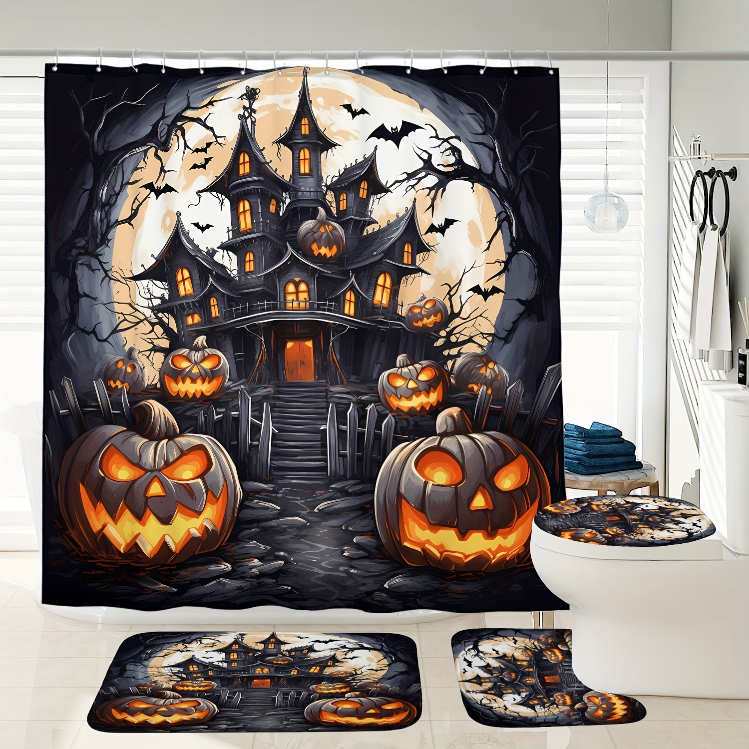

Castle Halloween Bathroom Set: Includes 1/3/4 Piece Shower Curtain, Toilet Seat Cover, And Bath Mats With 12 Plastic Hooks - Perfect For A Frighteningly Festive Home!
