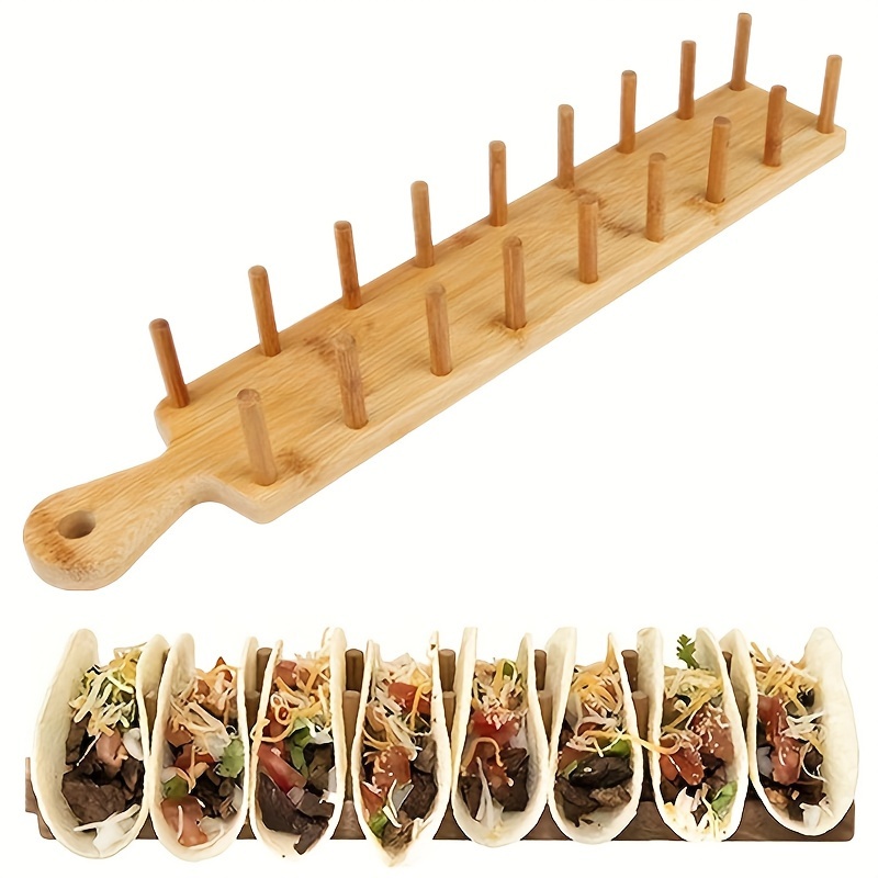 

1pc, Wood Taco Holder, Wooden Taco Holder Rack Tray, Stand Up Holds 8 Soft Or Hard Shell Tacos Also For Tortillas, Burritos Server Kit Bamboo Organizer Tray, Kitchen Tools