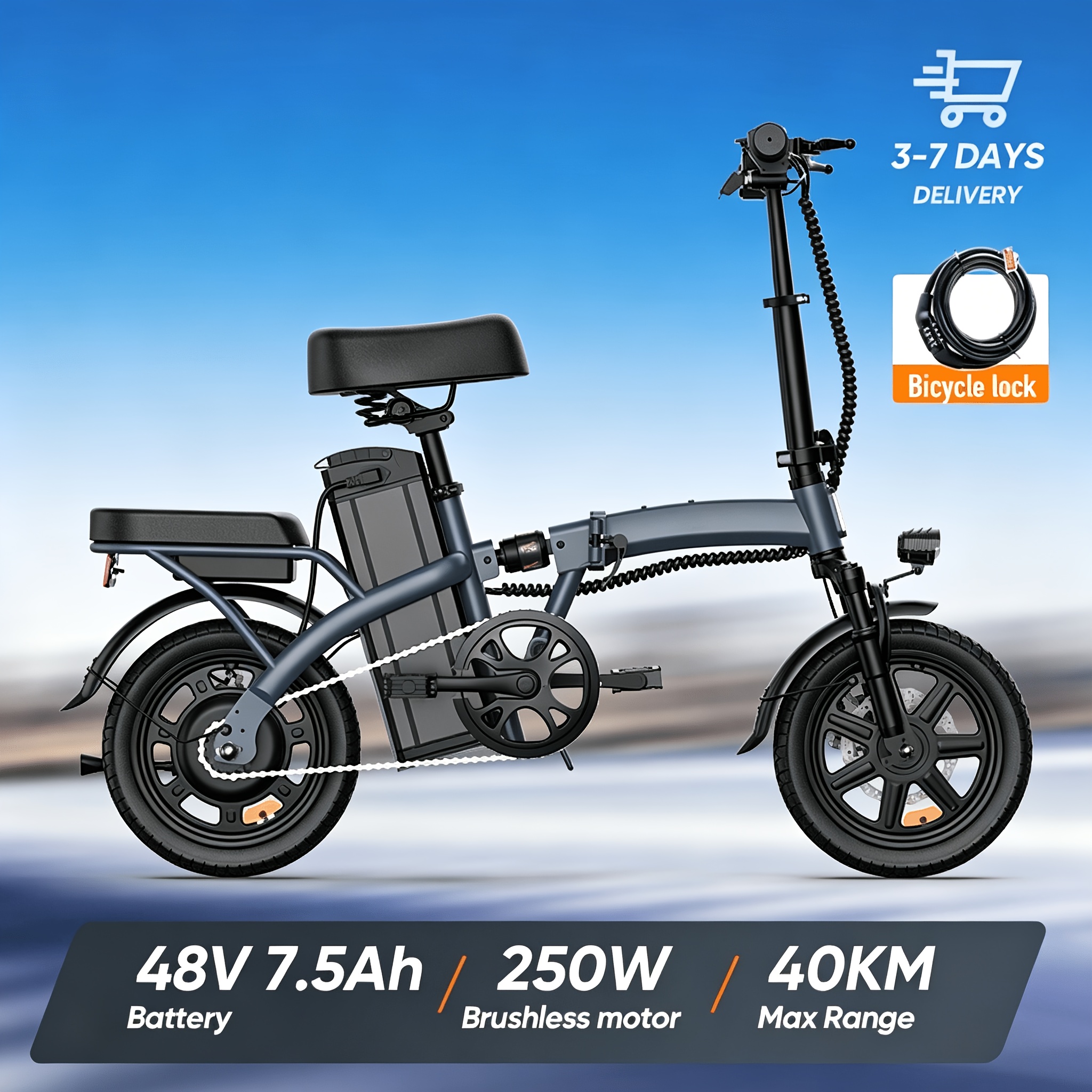 Image of Urlife City Folding E-bike, 250w Motor, 48v 7.5ah Battery, 40km Range, 25km/h, 14" Tires, 3 , Disc Brakes, Rear Rack, Shock Absorption, Compact For /camping