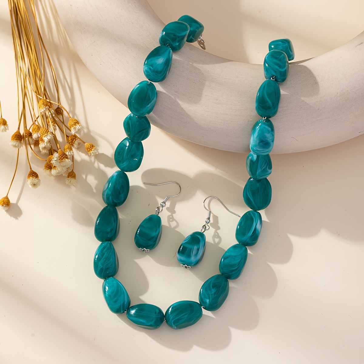 TEMU Boho Chic Green Acrylic Beaded Necklace And Earrings Set - Uv Plated, Parties