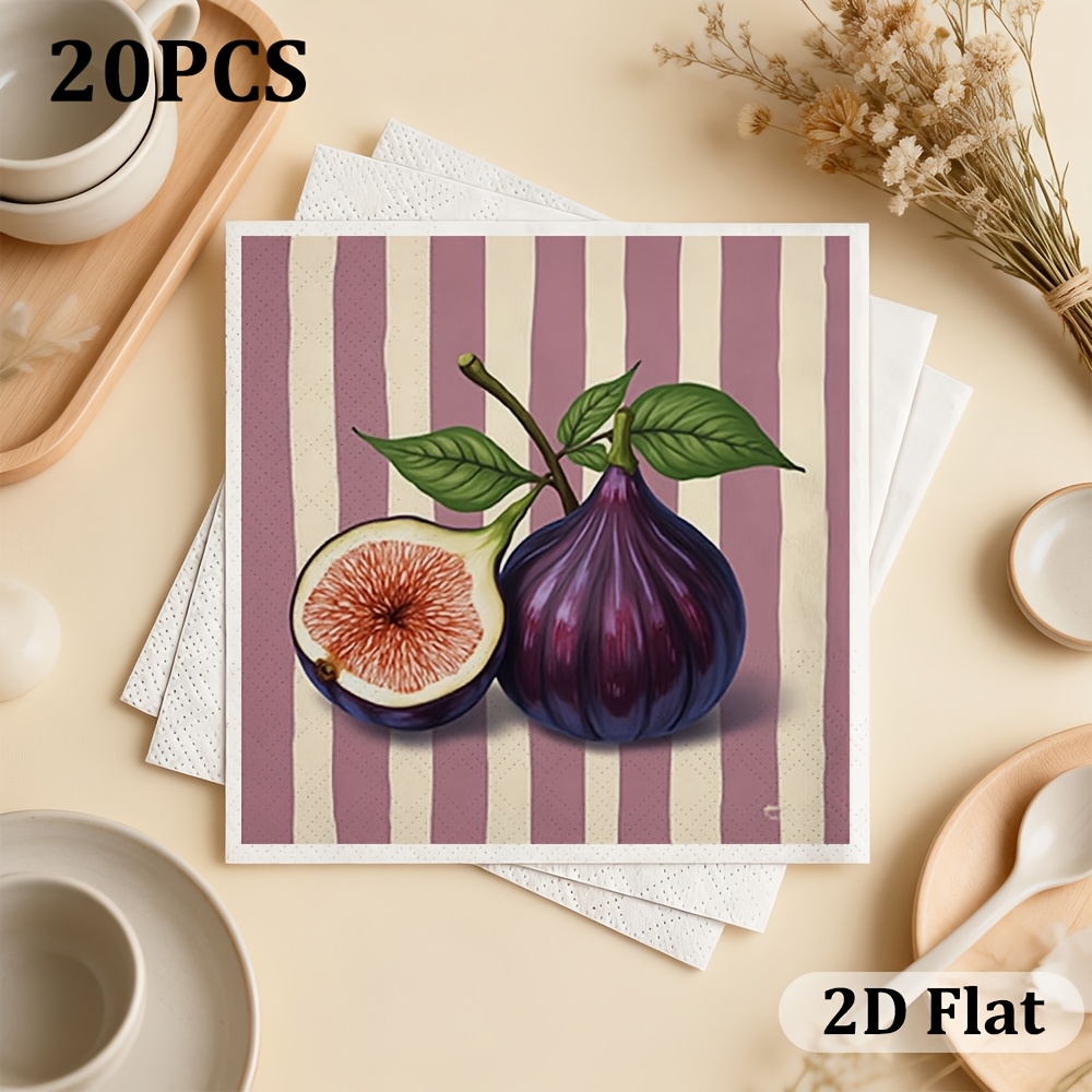 TEMU 20pcs Fig & Striped Napkins Suitable For Birthdays, Dinner Parties, Celebrations - Elegant Table Decor With Fig Pattern & Stripes, Paper