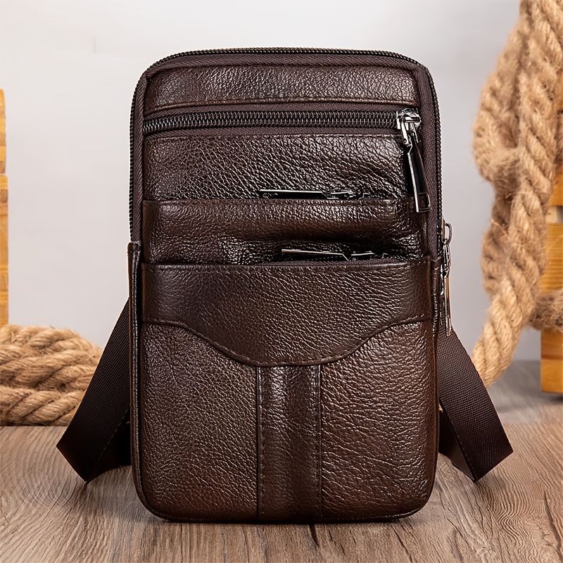 Men's Cowhide Genuine Leather Phone Pouch With Belt Loop, Outdoor Multi-functional Large Capacity Backpack, Single-shoulder Crossbody Small Bag