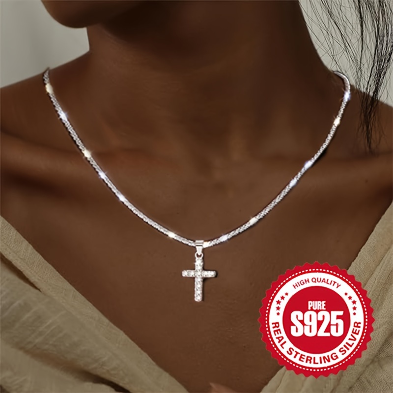 

Elegant 925 Silver Cross Pendant Necklace Inlaid Shiny Zircon Elegant Neck Chain Jewelry Decoration Daily Wear
