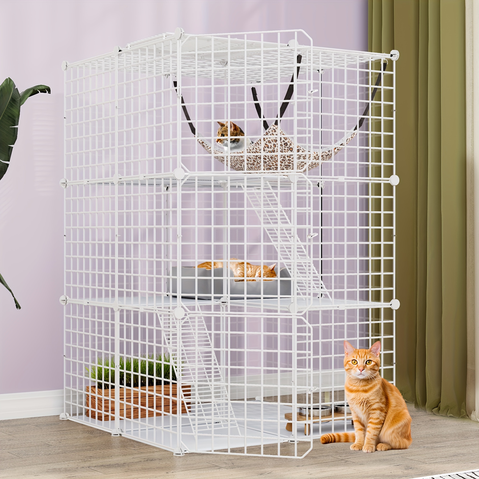 

Cat Cage Indoor Diy Cat Enclosures Metal Cat Playpen 3-tiers Kennels Pet Crate With Extra Large For 1- Rabbit White