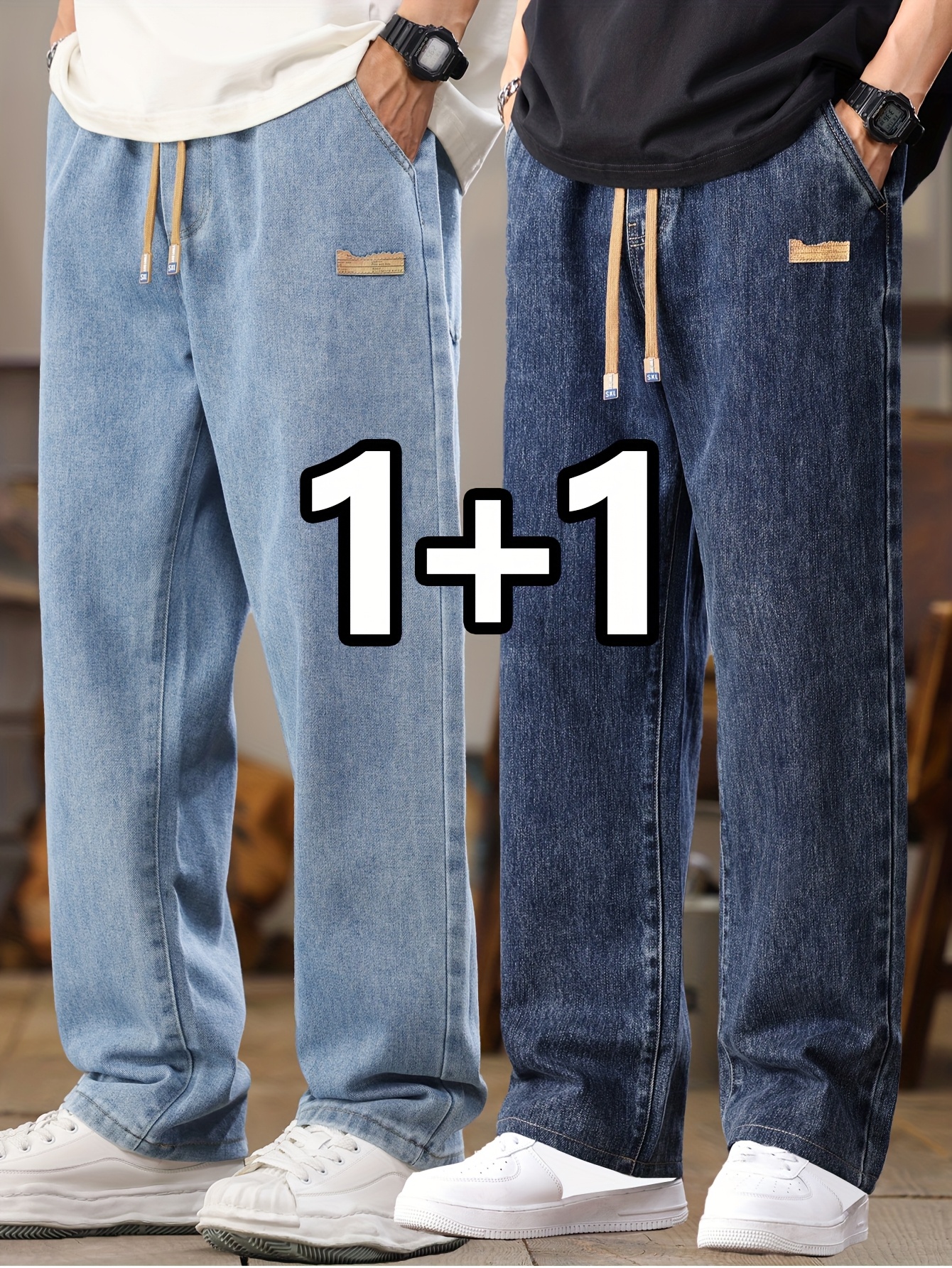 item picture 2pcs mens solid color drawstring jeans for spring autumn 2025   style comfortable washed wear resistant straight leg pants versatile outdoor   fashion streetwear casual trousers    