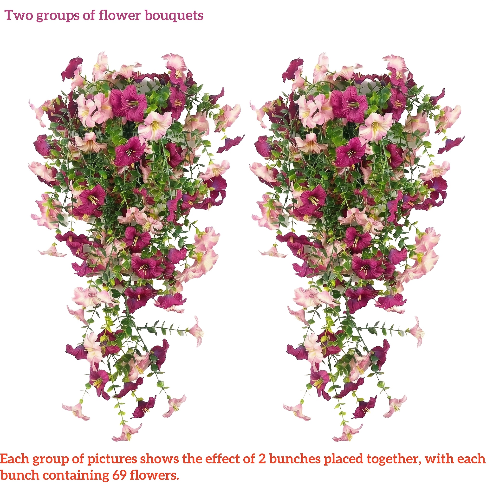 TEMU 2pcs Artificial Hanging Petunias, " Fake Trailing Flowers For Outdoor Indoor, Uv Resistant Plastic Vines For Porch Balcony Garden Wall Decor