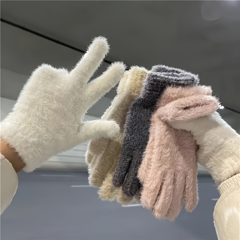 

1 Pair Cozy Fleece Gloves For Women - Touchscreen Compatible, Full Finger Warm Gloves, Solid Color, Knit Fabric, Hand Wash Only, Fall/winter Season