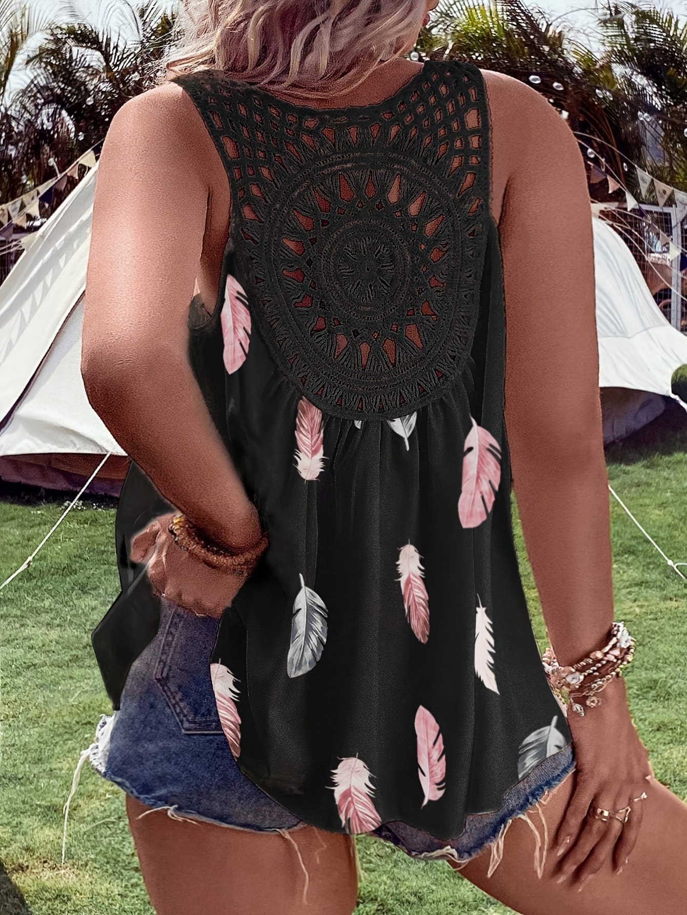 Elegant V-neck Sleeveless Vest, Woven Non-Stretch Fabric, Pattern, with Contrasting Lace Details, for Women, with Voluminous Floral and Ruffles