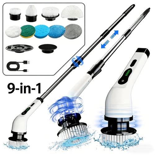 electric spin scrubber cordless shower cleaning brush with replaceable brush heads adjustable and adjustable extension handle for tub sink wall bathroom9