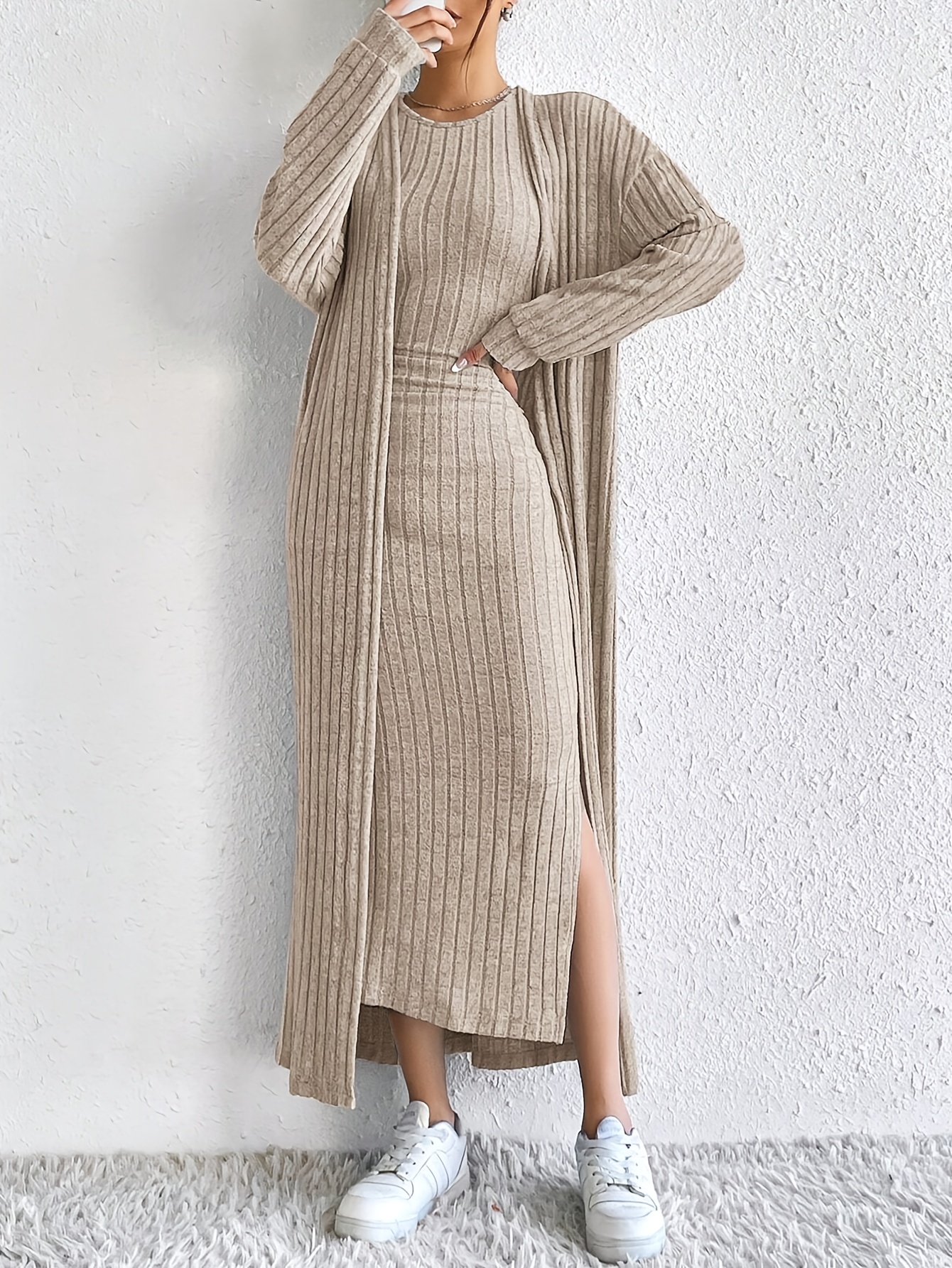 womens elegant beige ribbed dress cardigan set long sleeve - Temu