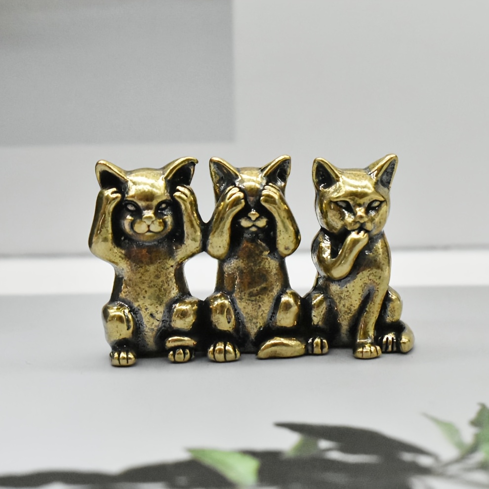 Image of An Interesting Vintage Brass Figurine Of A , A "see No Evil, No Evil, Speak No Evil" Ornament. Handcrafted With Unique, Fun, And Adorable , A Perfect Gift Or Decorative Piece For Tea Pets, Bookshelves