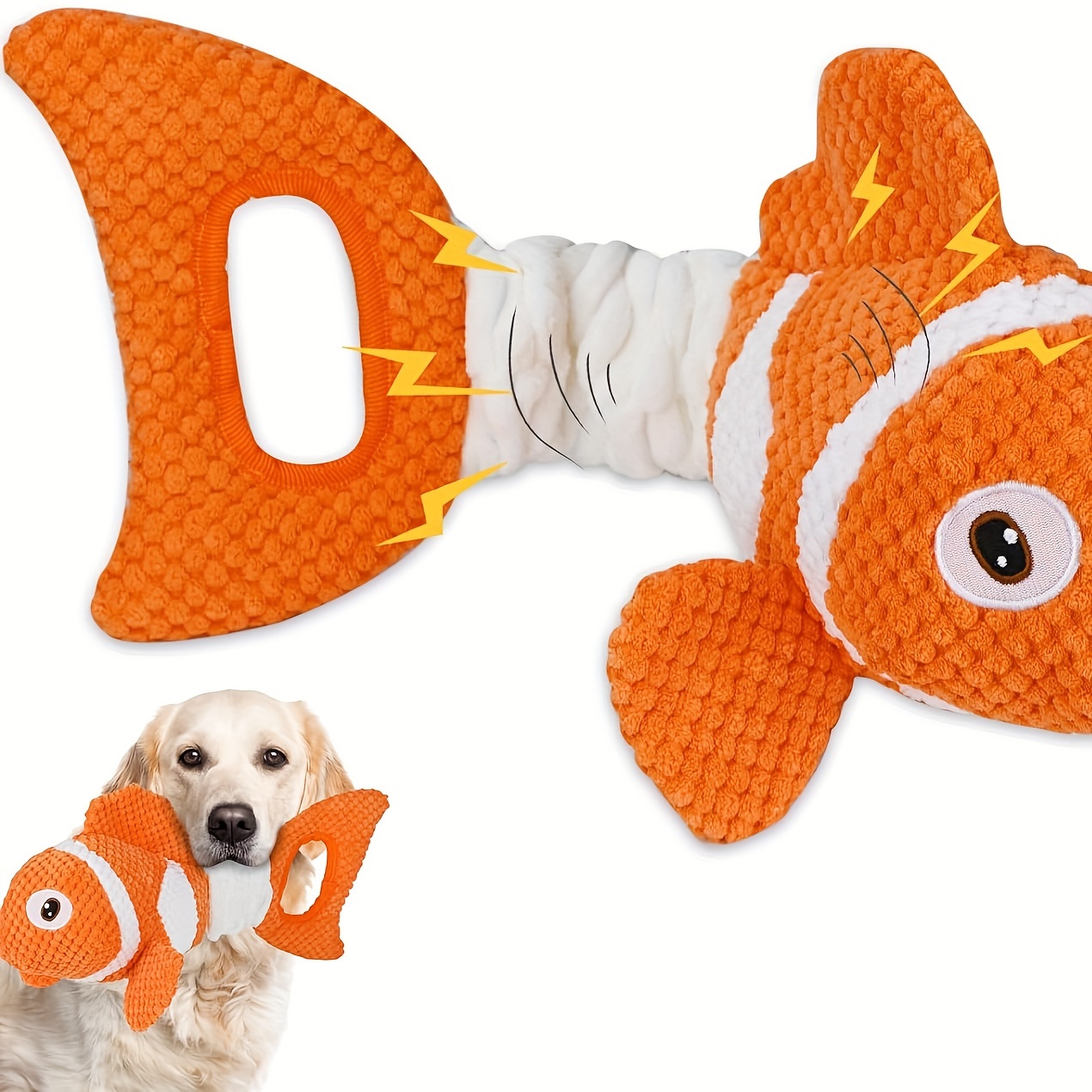 

Squeaky Clownfish Interactive Dog Toy – Plush, Crinkle Paper Filled, Durable Pull Ring – All Breed Sizes – Battery-free