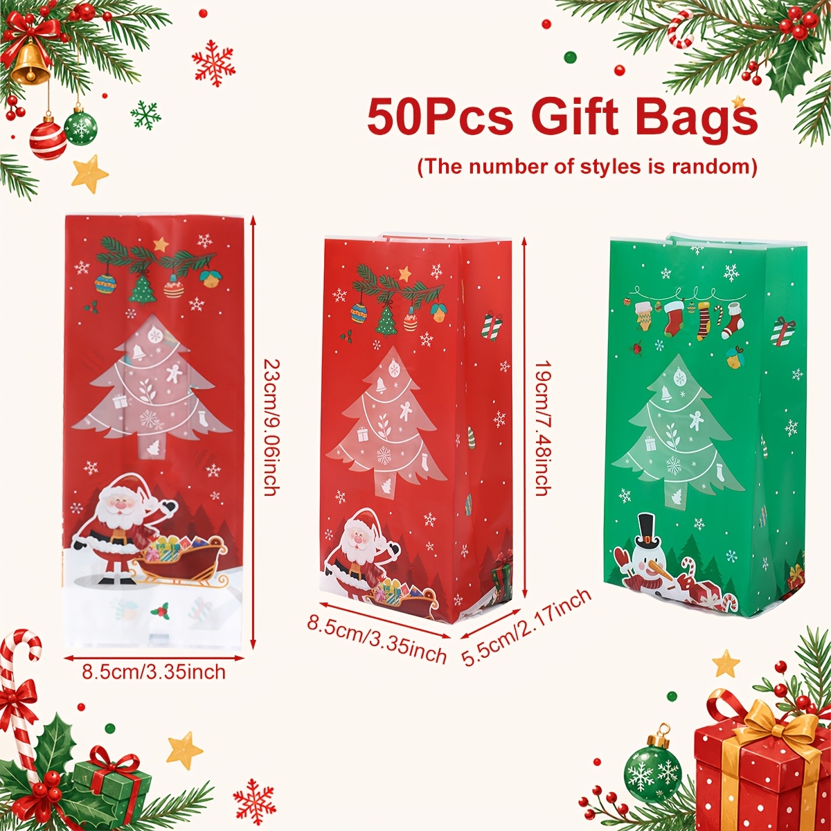 TEMU 50pcs, Merry Christmas Theme Baking Bags (random Style), Red Green Christmas Tree Pattern Gift Bags, Happy New Year Supplies, Merry Christmas
