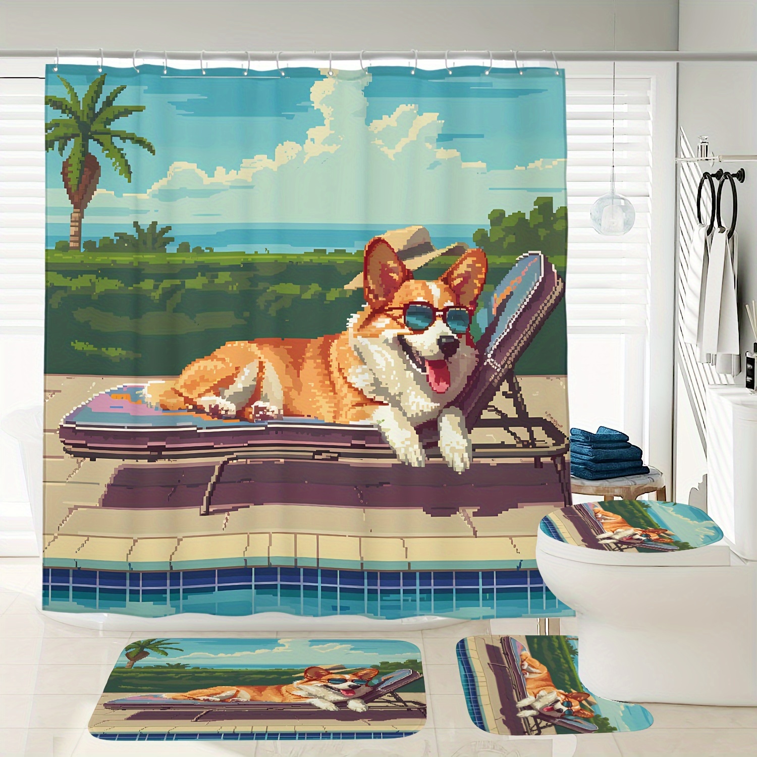 

1/3/4pcs Beach Dog Pattern Shower Curtain Set, Waterproof Shower Curtain With Hooks, Non-slip Bath Rug, U-shape Mat, Toilet Lid Cover Pad, Home Decor, Bathroom Accessories