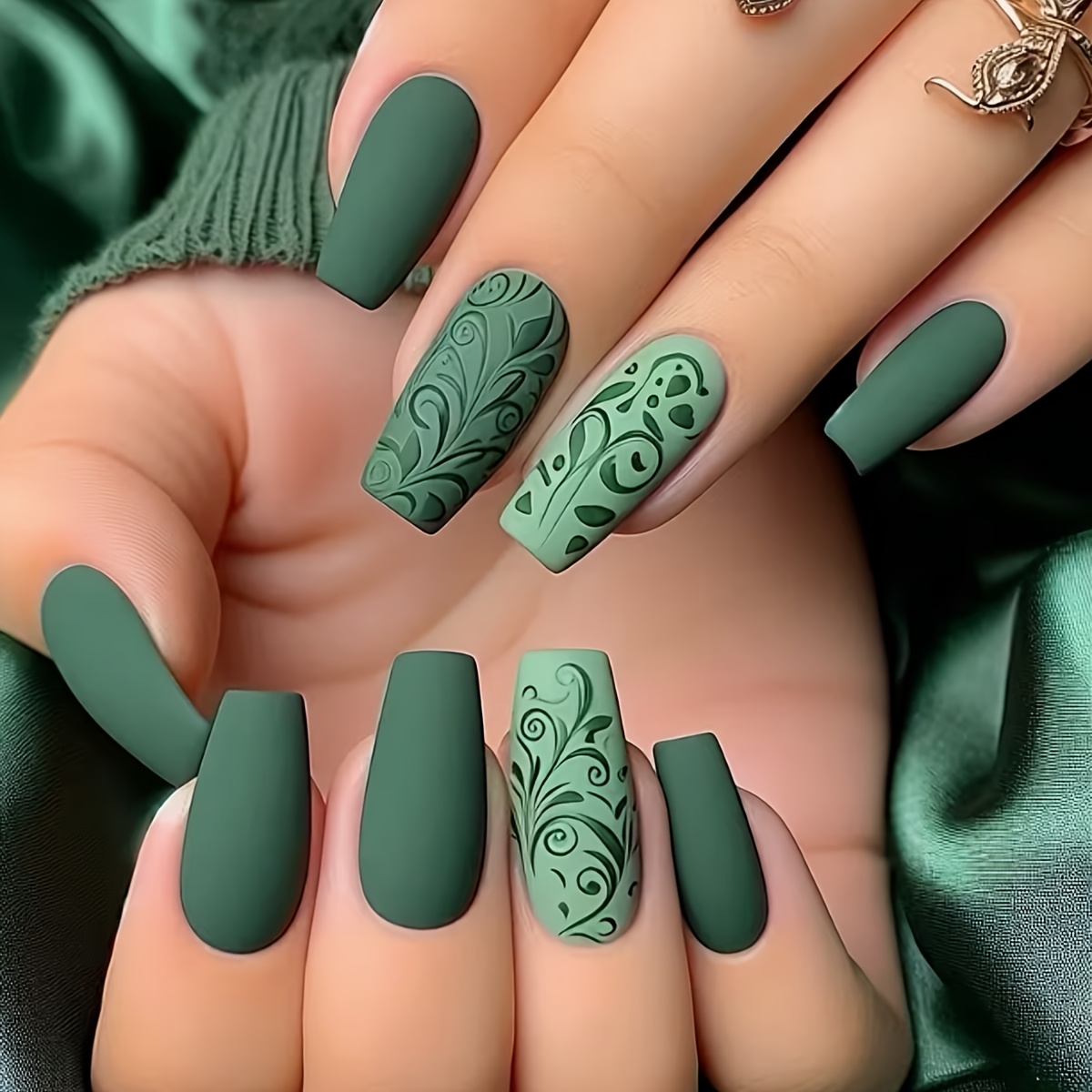 24pcs Women's False Nails Ballet Style Medium Length With Floral Plant Totem Scroll Pattern Matte Nails Removable Wearable Nails