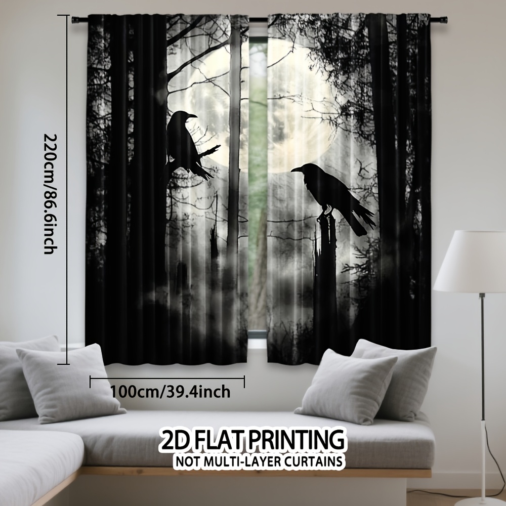 TEMU Rideaux 2D plats, 2 pièces, en polyester durable, à passe-tringle, imprimé forêt gothique avec corbeaux et , convient pour chambre, bureau,
