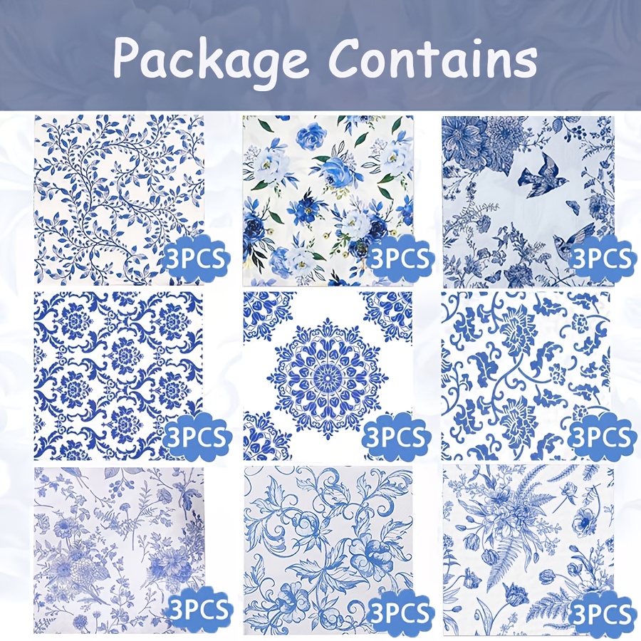 E-shop 27er-Pack Decoupage-Servietten in 9 Stilen, verschiedene geblümte Servietten für DIY-Basteln, Geburtstagsfeier, dekorative Decoupage-Servietten,