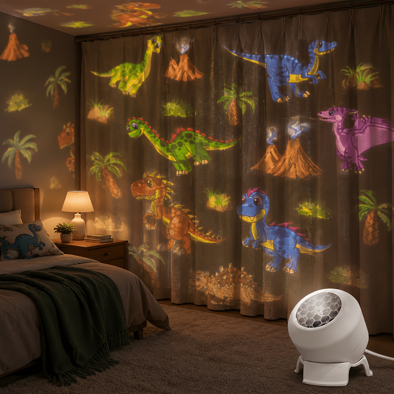 Dinosaur Themed Dynamic Projection Lamp, Dinosaur Forest Elements, USB Plug In, 360° Rotation for Dreamy Light Effects, Soft Light, Applicable to Bedroom, Living Room, Birthday Parties, an Excellent Gift