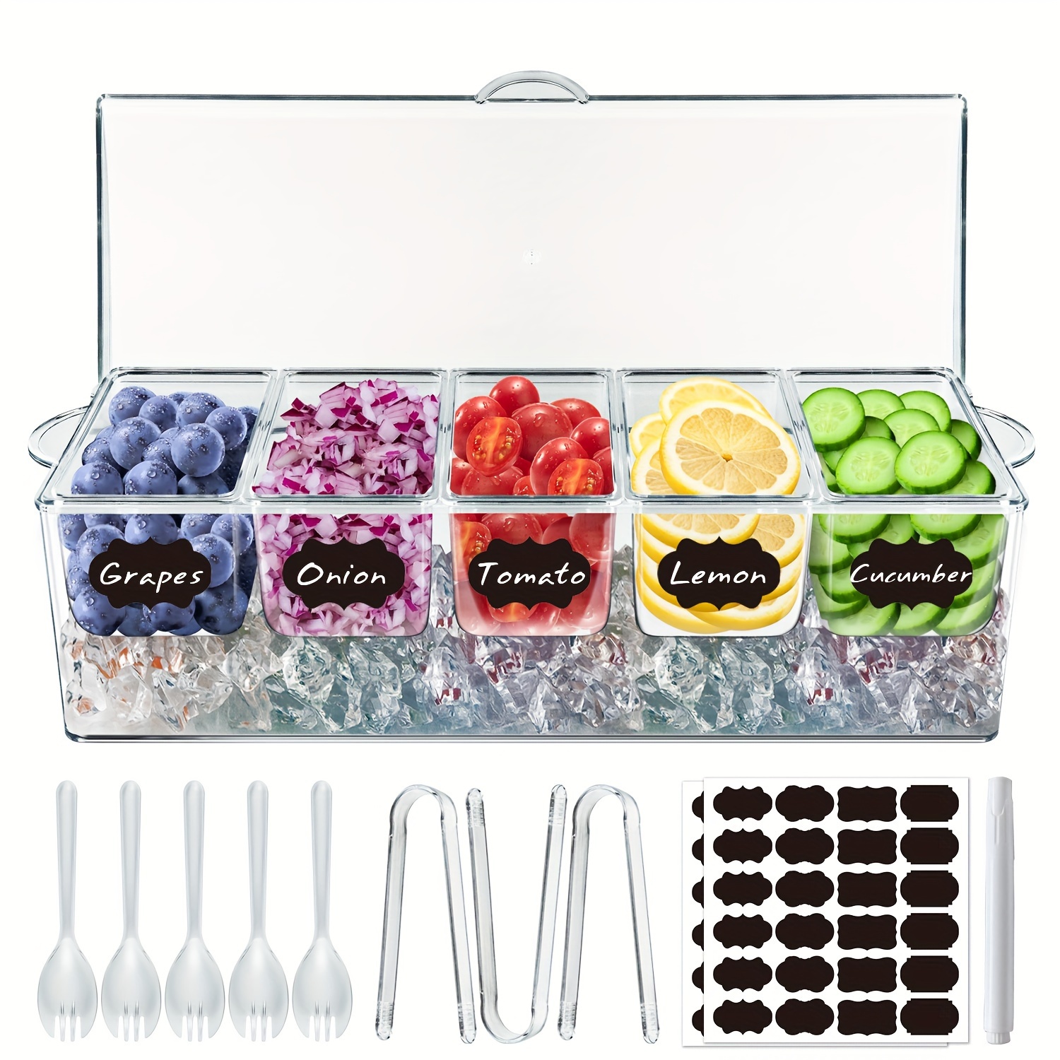 

Bar Serving Tray With 5 Compartments Container, Fruit Trays For Serving, Garnish Platters With Lid, Clear