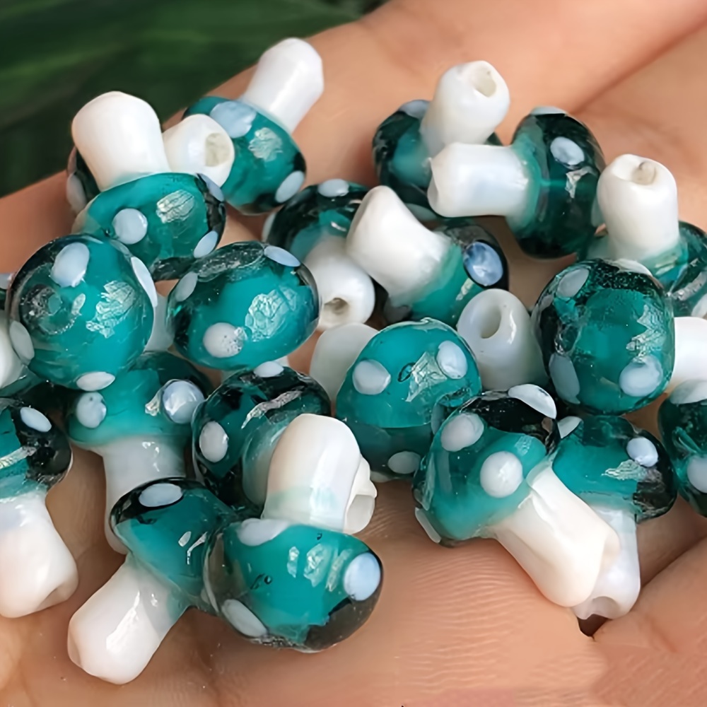 

Annebeads Handcrafted Glass Mushroom Beads, 10pc Green And White Lampwork Beads For Diy Jewelry Making, Necklace, Earrings, Bracelets, And Hair Accessories