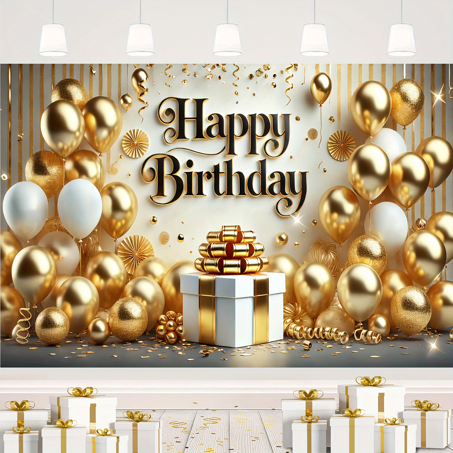 TEMU Sparkling Golden & White Balloon Happy Birthday Banner - Versatile Polyester Decor For Indoor/outdoor Parties, Home Celebrations