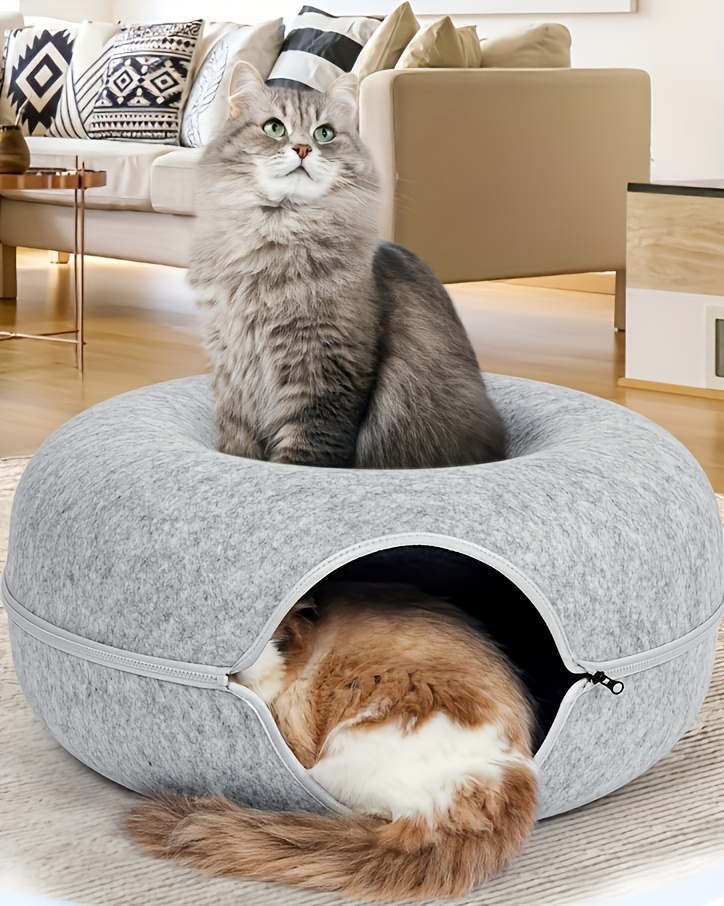 soft felt donut shaped cat bed with resin teeth washable plush hidden pet nest for all sizes scratching resting cozy   home decor cat furniture bed cozy cat bed washable felt bed Product details 0
