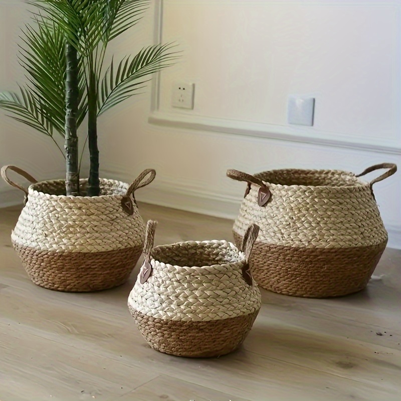 

3pcs/set Rustic Woven Cattail Grass Baskets With Corn Rope, Country Style Plant Pot, Large Belly Storage Baskets For Indoor Plants And Home Organization