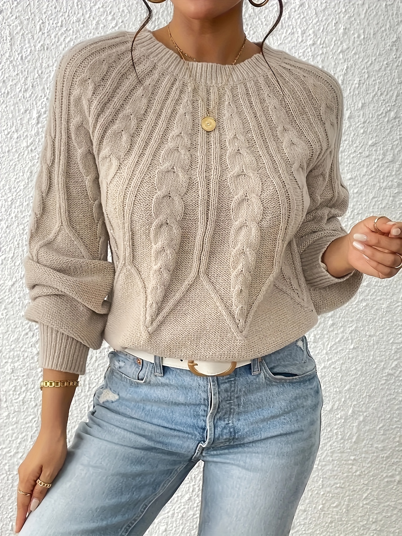 cable knit crew neck sweater elegant lantern sleeve knitted top for   womens clothing details 44