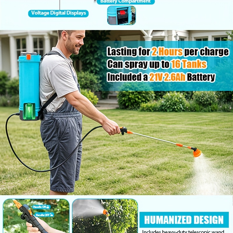  4 加仑电动背包喷雾器，带 5 个喷嘴，可调压力 0- psi，持久 18v 2.6ah 电池，广口盖，适用于花园、草坪和清洁 - 轻巧高效设计，电池供电喷雾器 详情 2