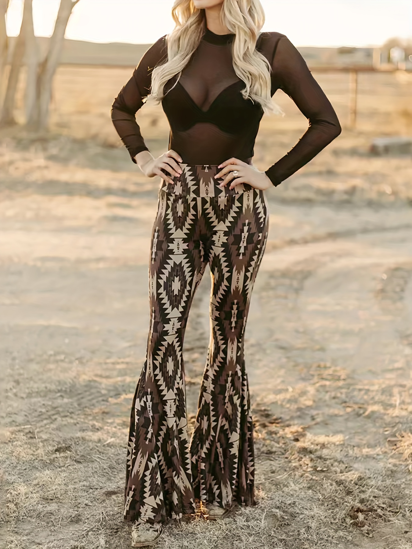 Women's Flared Pants Wide Leg Bell Bottoms with Brown/Black/Beige/Print,  Non-Sticky Fabric for Parties, Casual Outfits Machine Washable Summer Tro