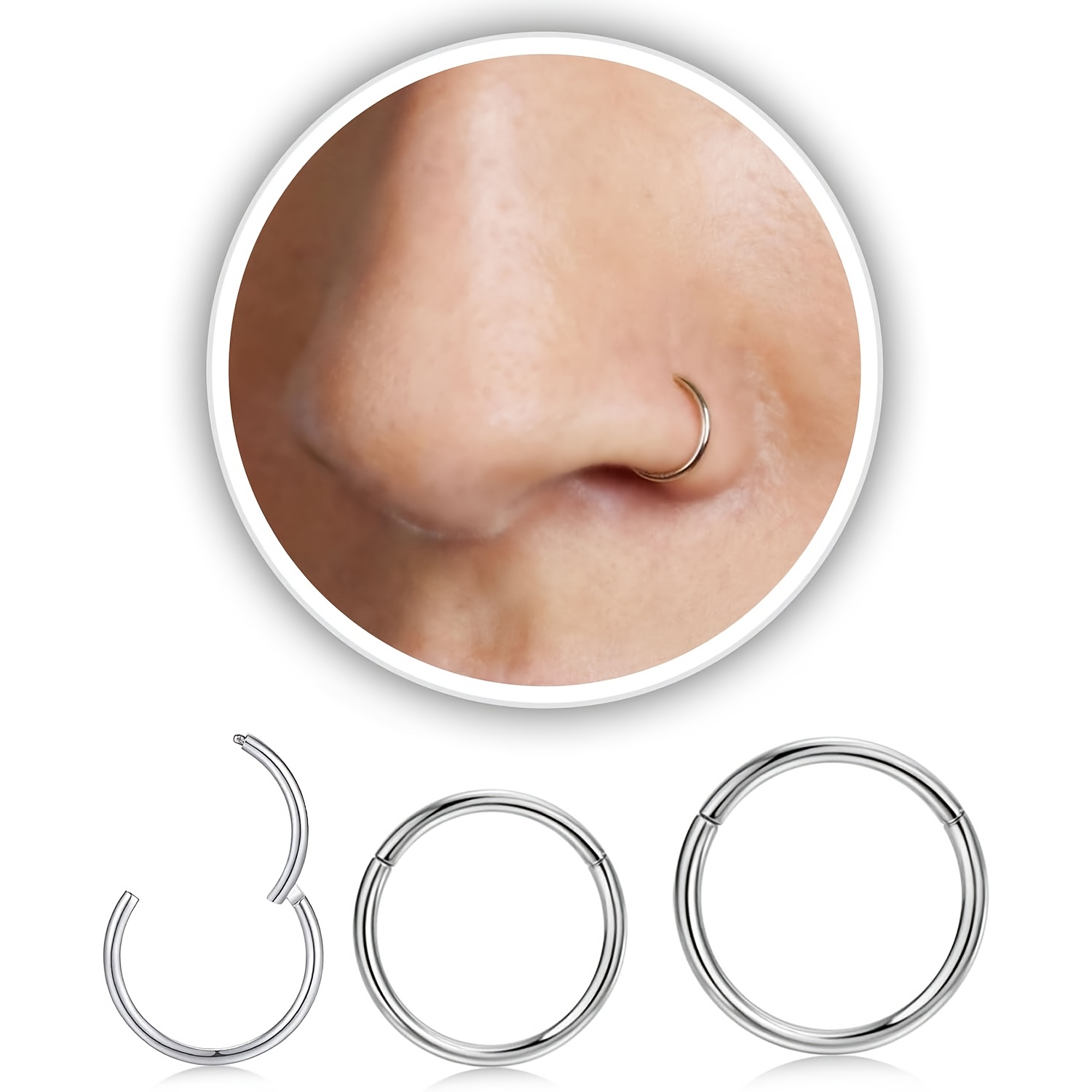 TEMU 3pcs Set 16g Elegant Stylish Men's And Women's 316l 316l Stainless Steel Hinged Small Hoop Earrings, Minimalist Seamless Nose Ring Diaphragm Lip