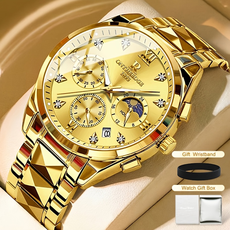 TEMU 's Luxury Watch, Automatic Mechanical Wristwatch With Moon Phase, Three-counter Chronograph Design, Luminous Calendar, Business & Casual Men's