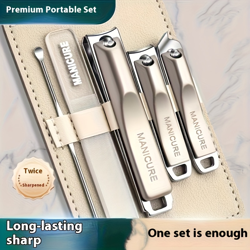   nail clipper 5pcs set 2 times   sharp and durable 1 complete set with ear spoon     steel precision grinding stainless steel nail clipper set anti splash rotating bag five piece set nail pliers complete set   Product details 1