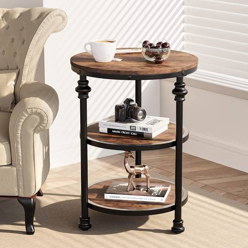 round side table with 3 tier shelves rustic brown portable compact end table for small spaces living room bedroom nightstand or accent coffee table easy assembly table for living room sturdy construction apartment furniture